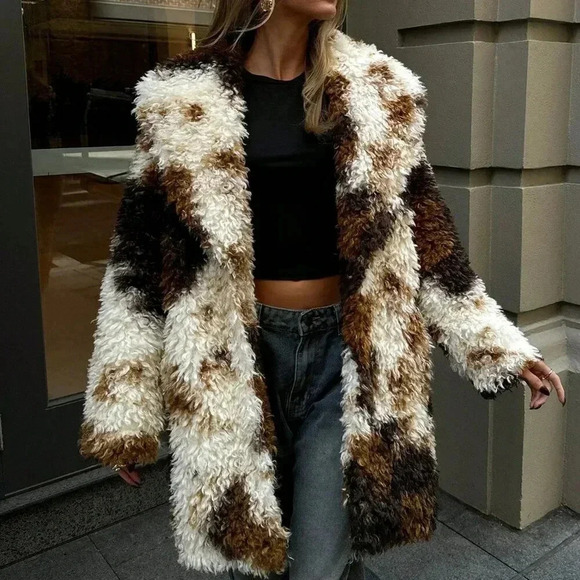 Jackets & Blazers - Multicolor Casual Womens Tie-Dye Print Thick Loose Fit Long Fluffy Winter Jacket